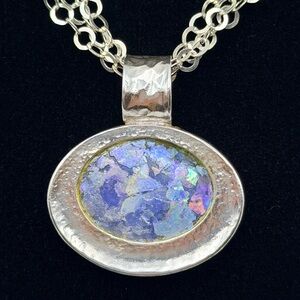 Revital 925 Sterling Silver Roman Glass Pendant Necklace 16” Triple Strand Chain